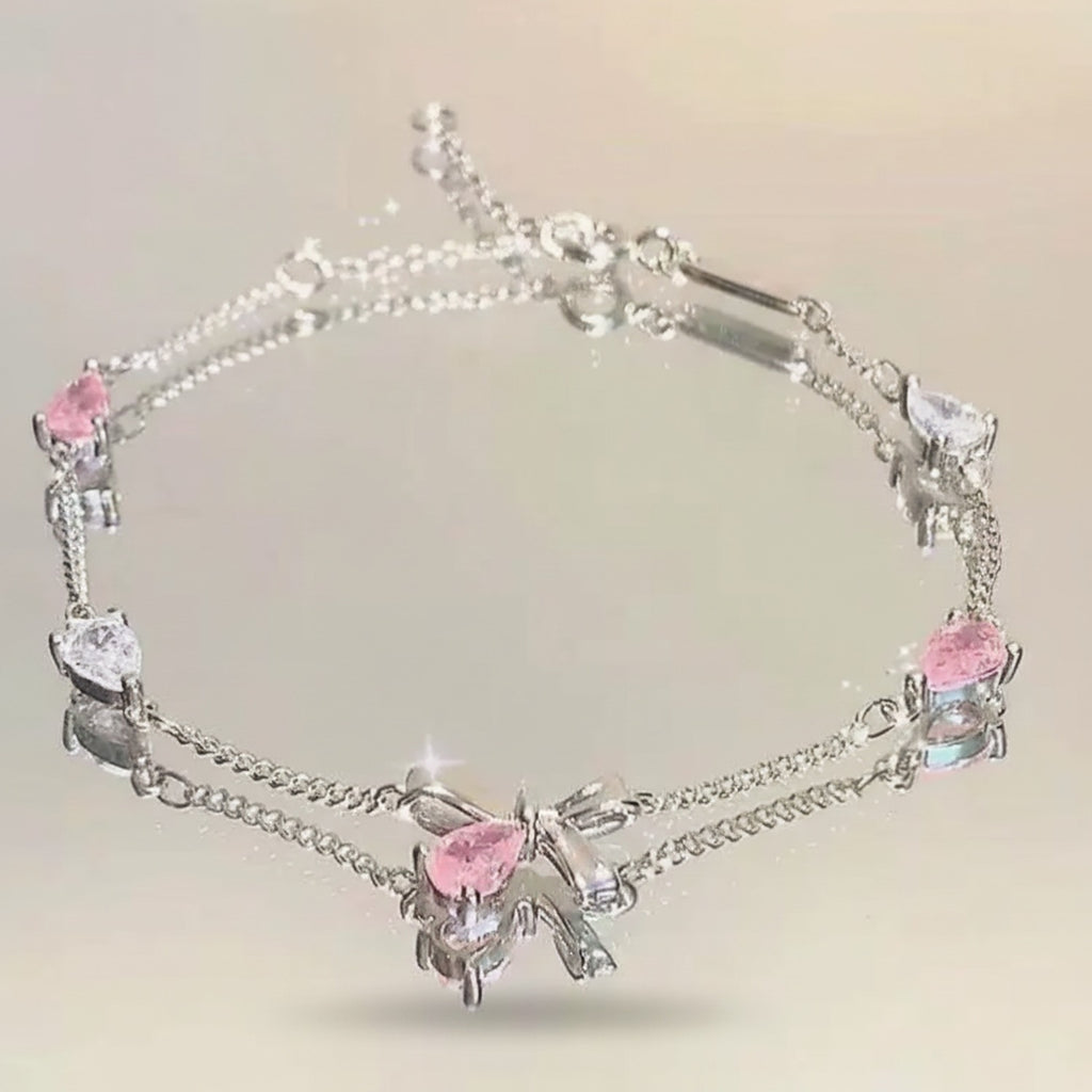 Silver Pink Heart Charm Bracelet With Bow