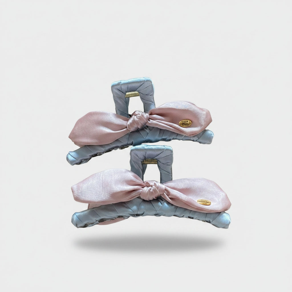 Velvet Bow Hair Claws Pink Gray Set