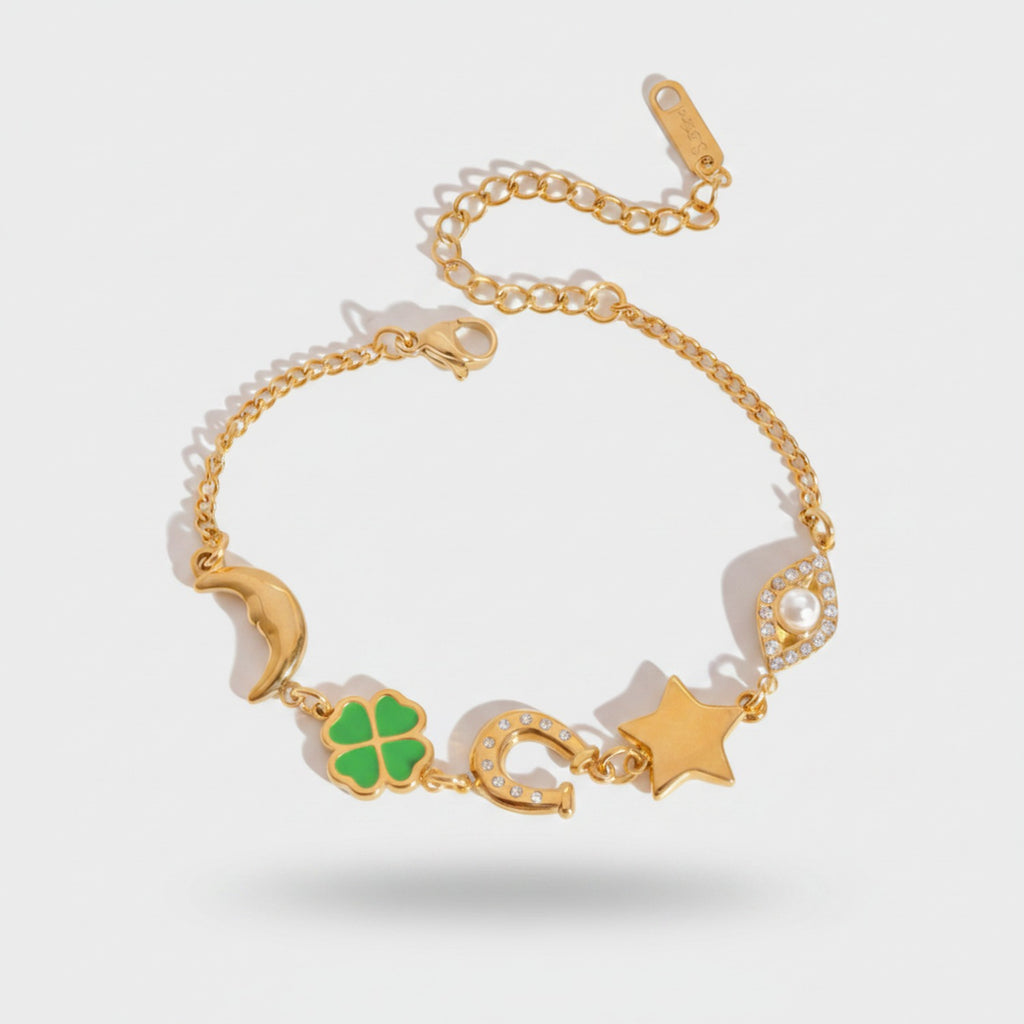 Gold Lucky Charm Bracelet With Pearl Star