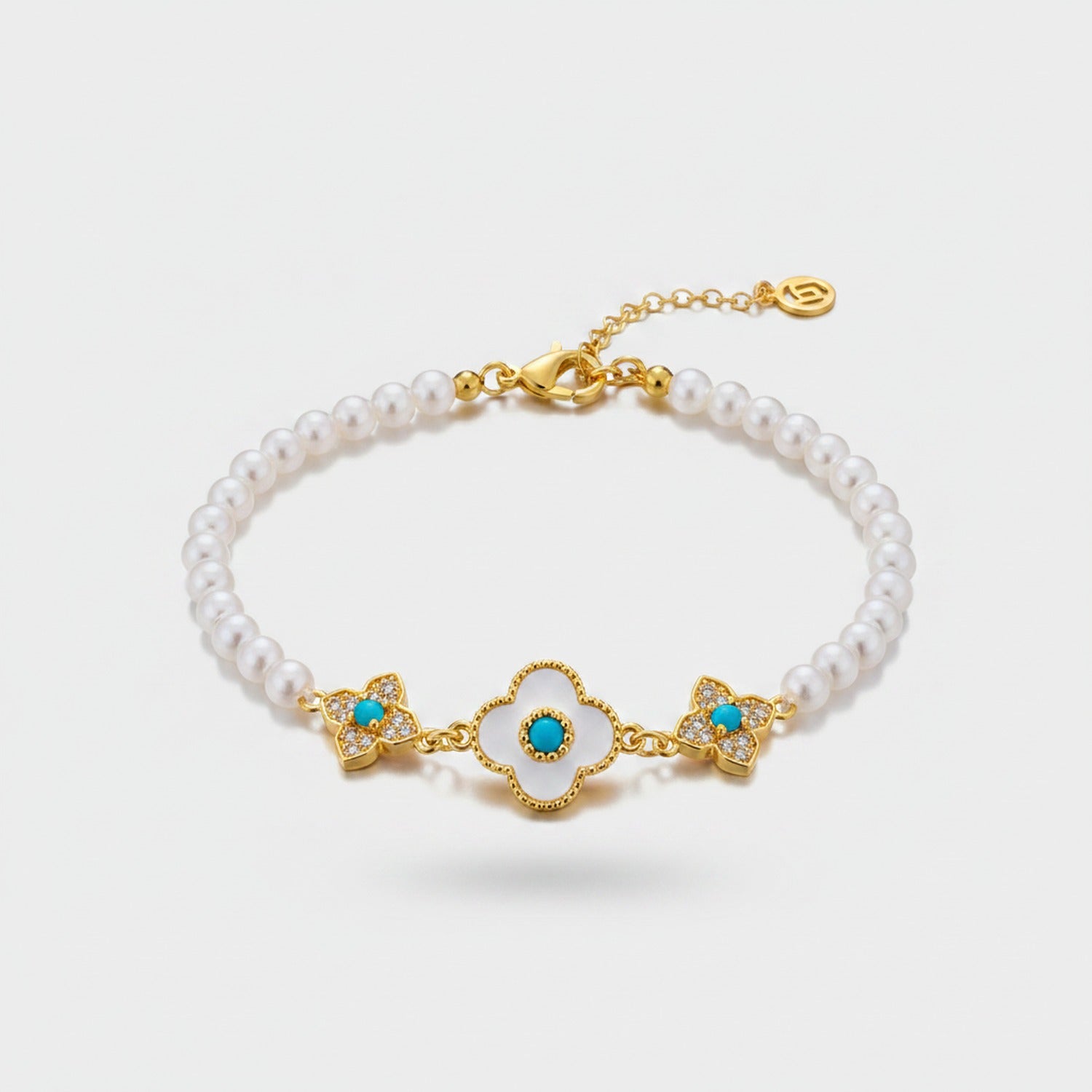 Pearl Beaded Bracelet With Turquoise Clover Charm