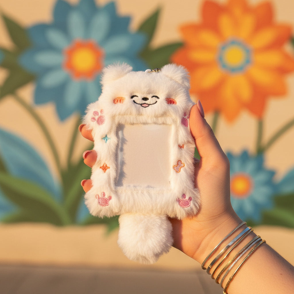 Fluffy White Cat Phone Charm With Mirror