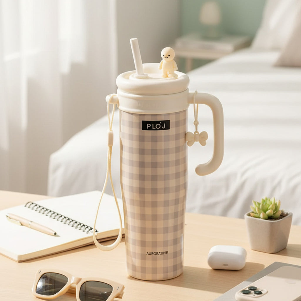 Cream Checkered Tumbler With Whipped Cream Top