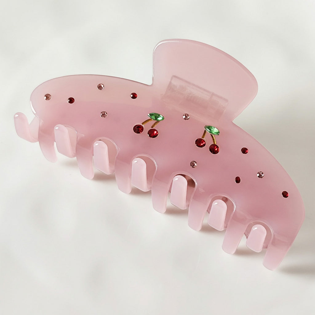 Pink Cherry Rhinestone Hair Claw Clip