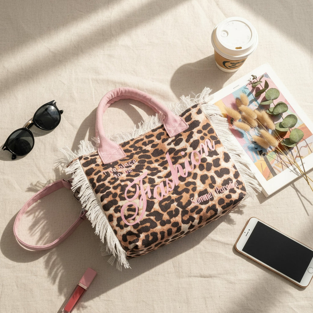 Leopard Print Tote Bag With Fringe Trim