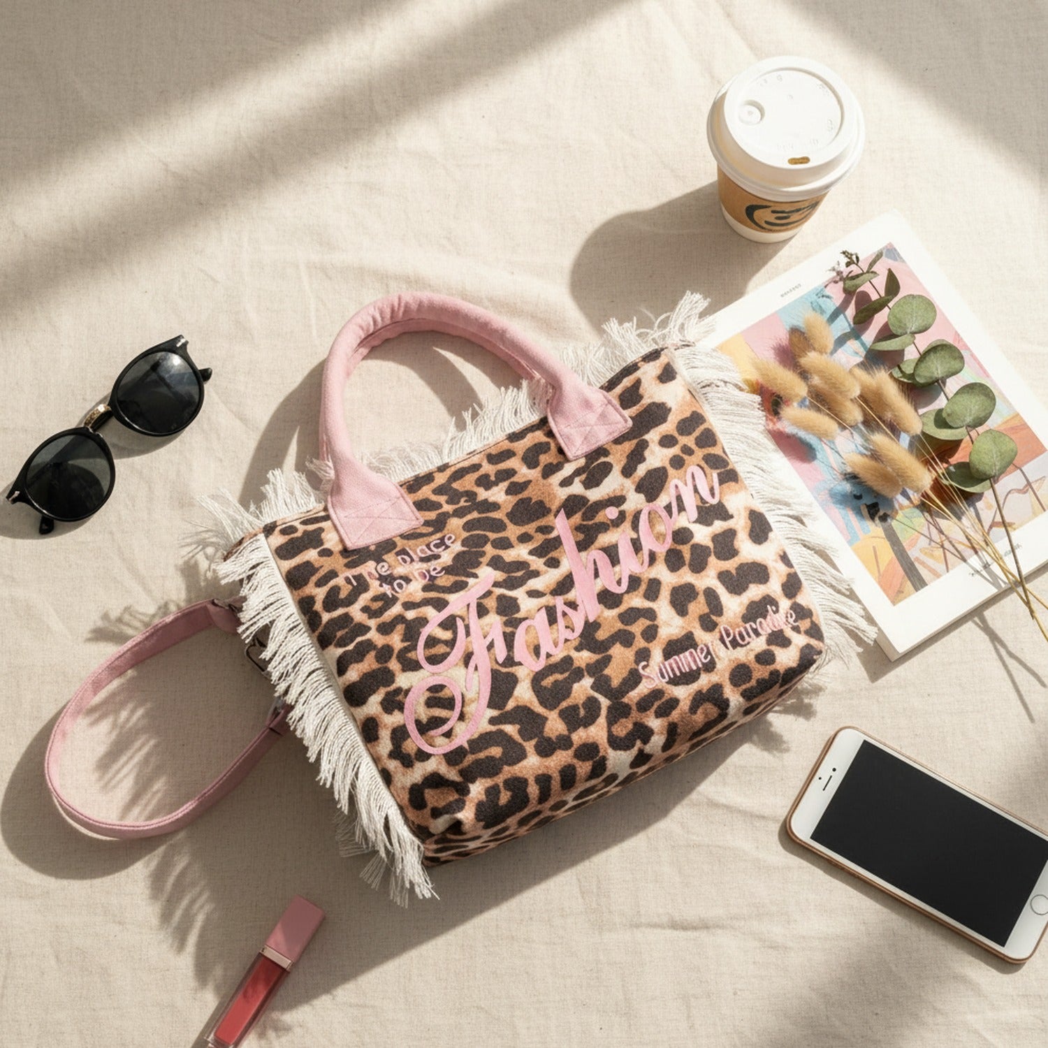 Leopard Print Tote Bag With Fringe Trim