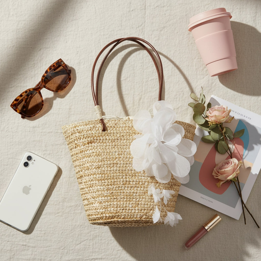 Straw Tote Bag With White Flower Bow
