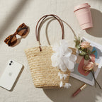 Straw Tote Bag With White Flower Bow