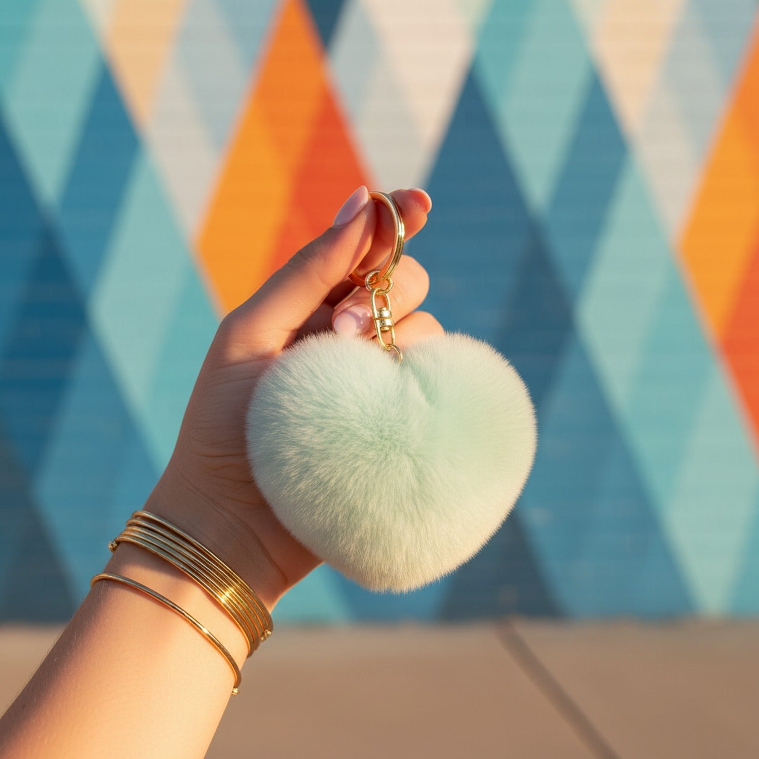 Beige Fuzzy Heart Pom Pom Keychain