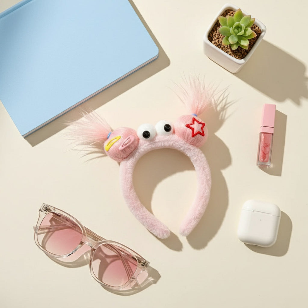 Pink Fuzzy Hairband With Star And Hair Clips