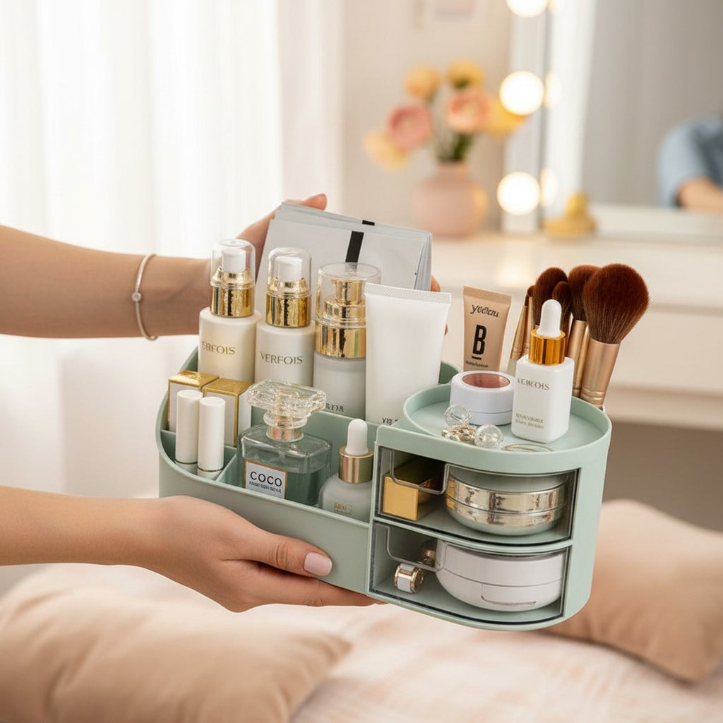 Cream Rotating Cosmetic Organizer With Mirror And Brush Holder