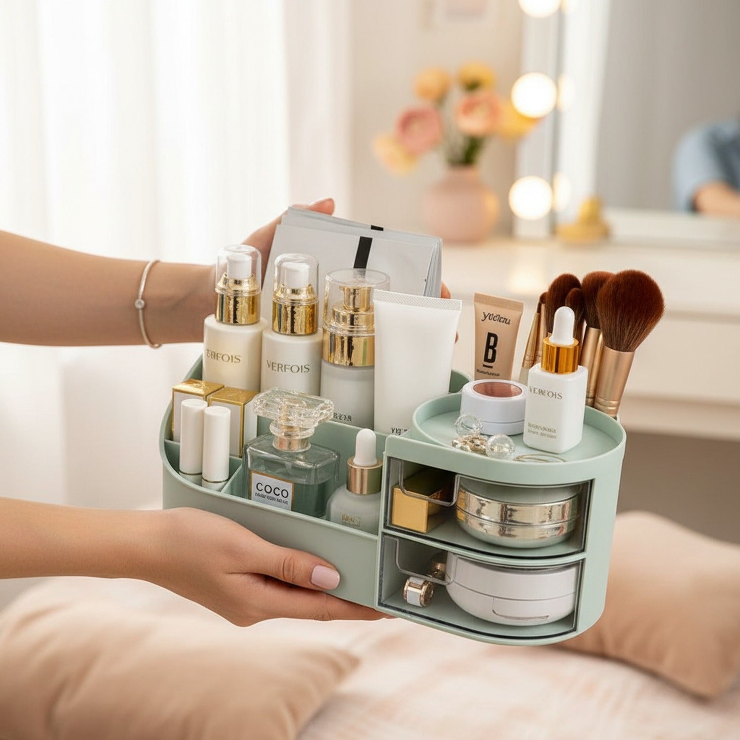 Cream Rotating Cosmetic Organizer With Mirror And Brush Holder