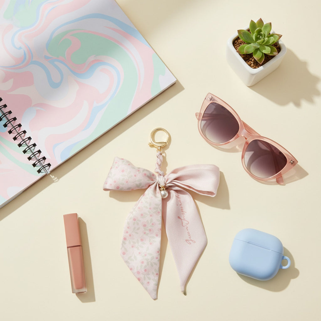 Blush Floral Ribbon Bow Acrylic Keyring