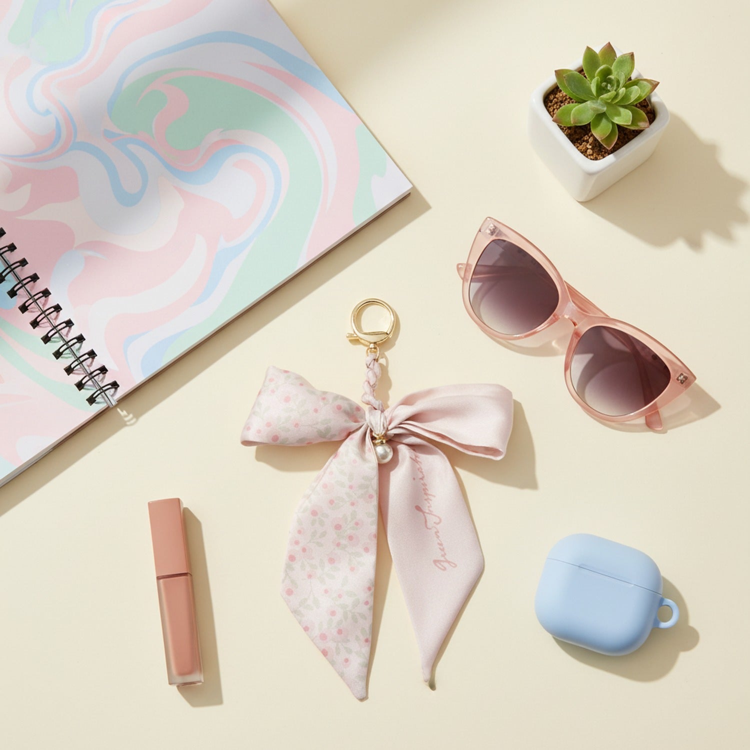 Blush Floral Ribbon Bow Acrylic Keyring