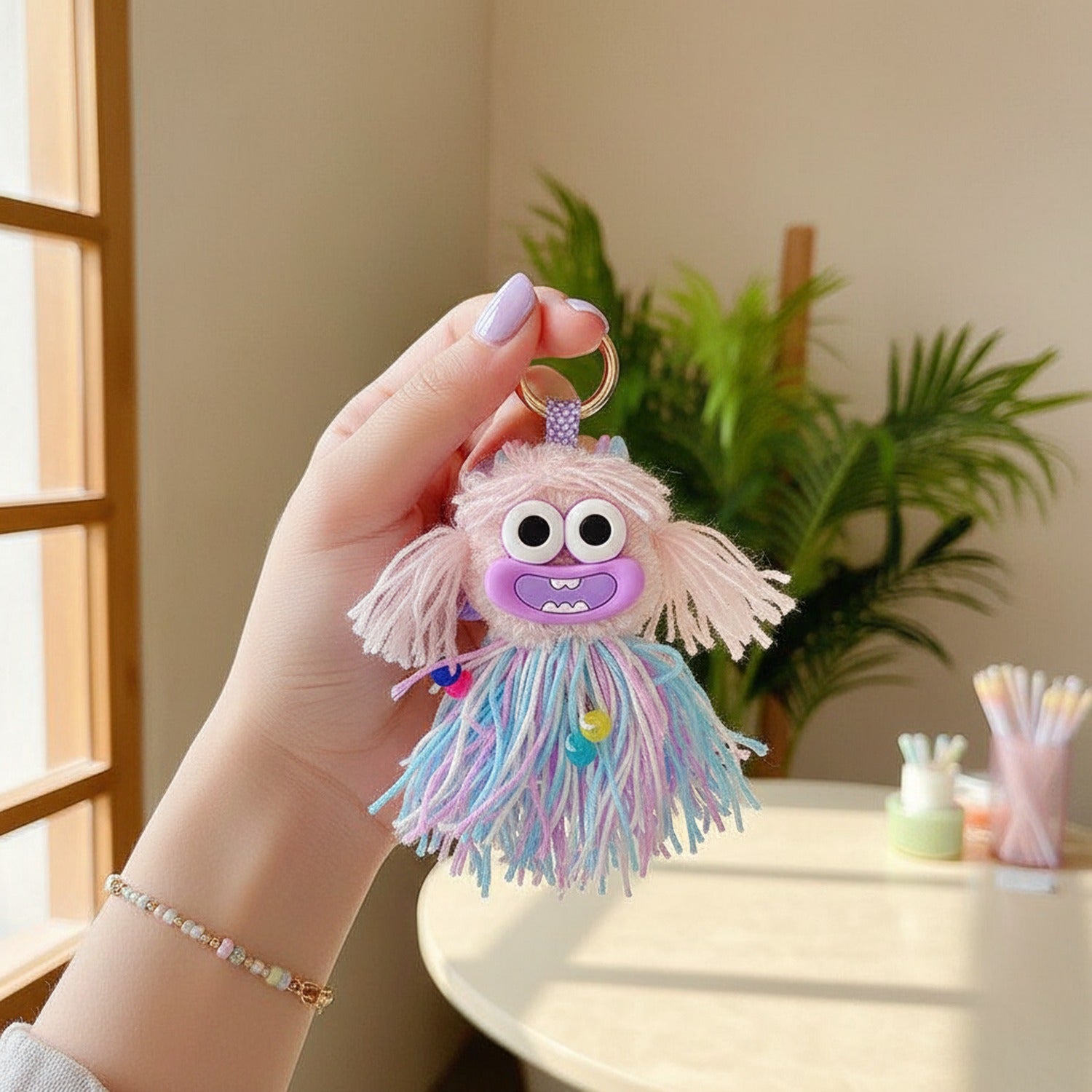 Colorful Fuzzy Monster Acrylic Keyring With Charms