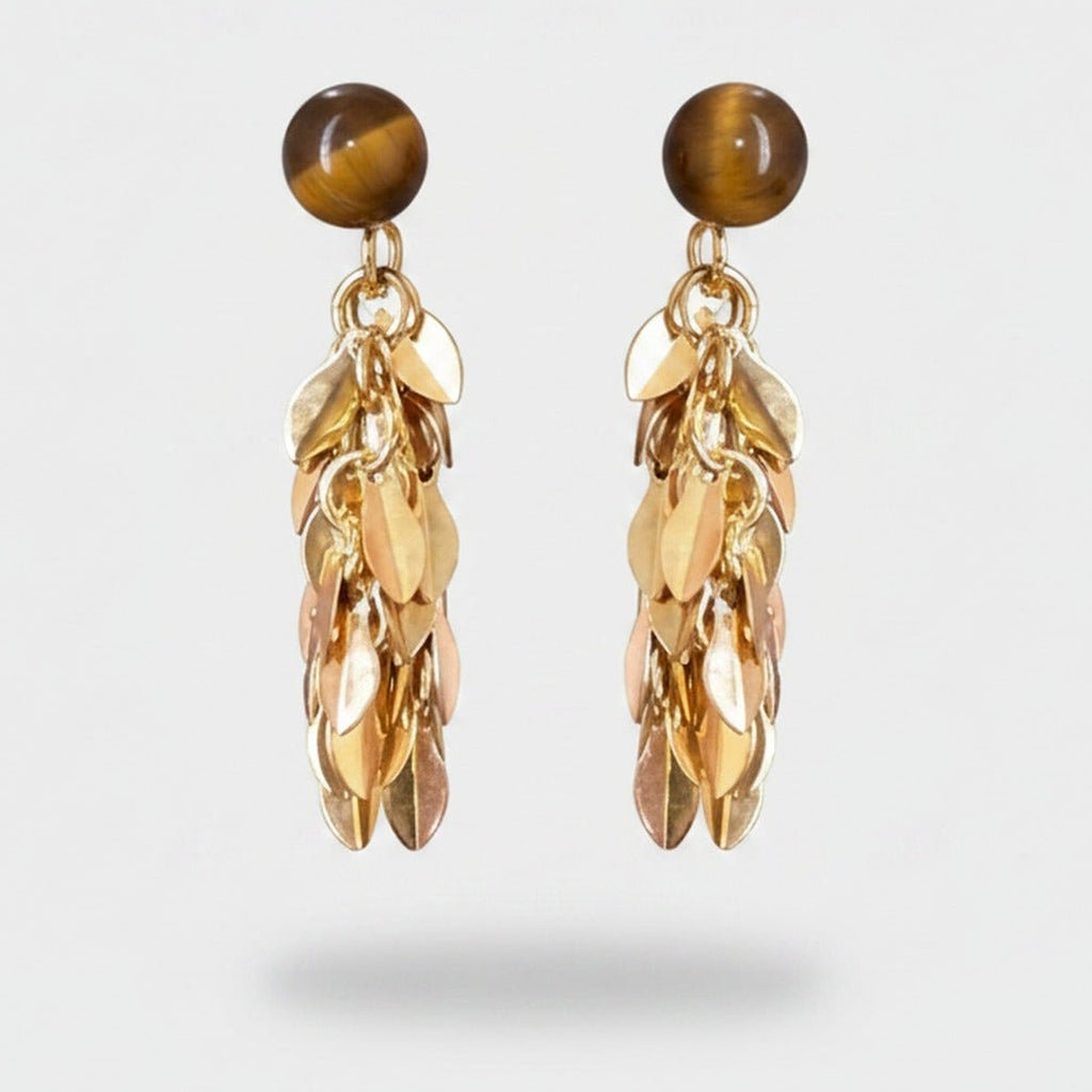 Gold Leaf Cluster Drop Earrings With Tiger Eye Stone – jewelry (view 1)