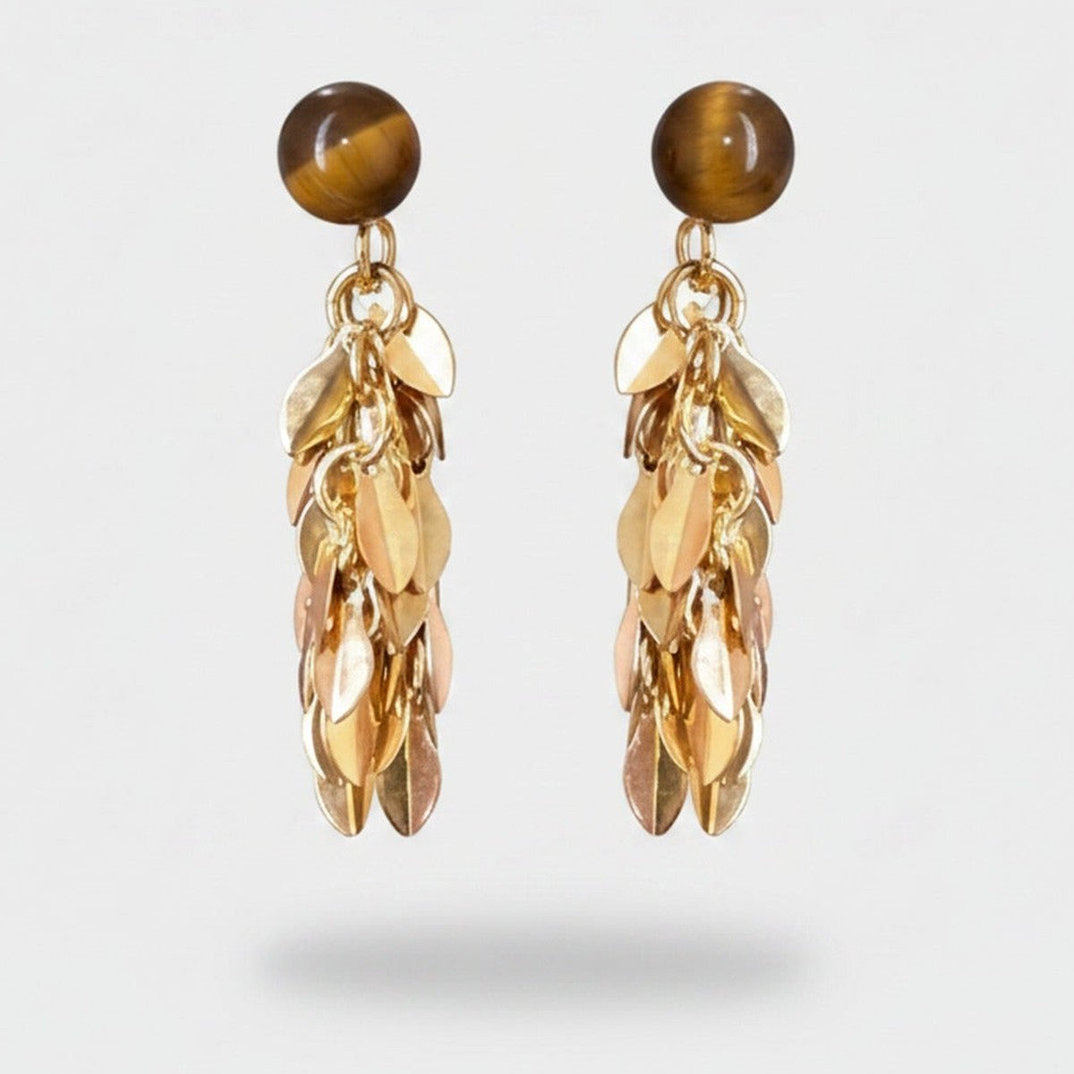 Gold Leaf Cluster Drop Earrings With Tiger Eye Stone – jewelry (view 1)