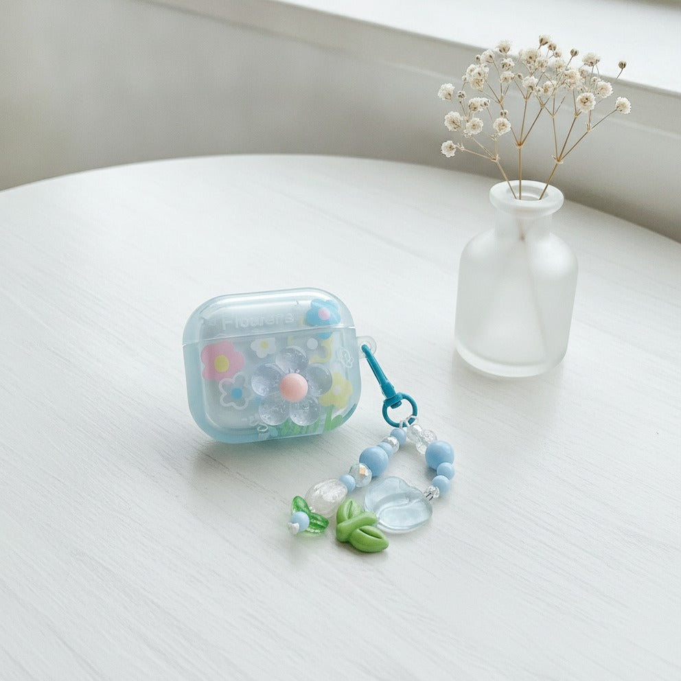 3D Flower AirPods Case with Beaded Charm - Blue Floral (for AirPods Pro 3)