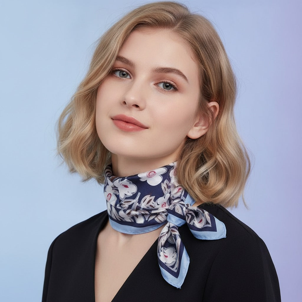 Floral Silk Square Scarf - Navy & Blue