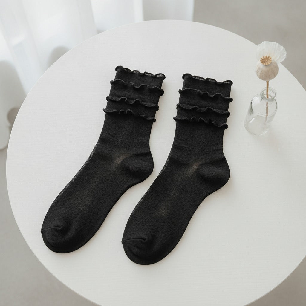 Slouch Crew Socks with Scalloped Edge - Black