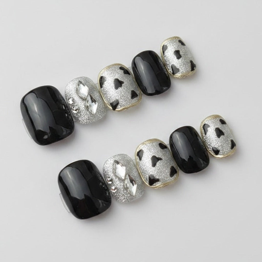 Cow Print Press-On Nail Set - Black & Silver Cow