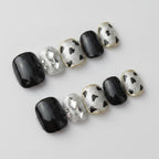 Cow Print Press-On Nail Set - Black & Silver Cow