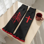 Gothic Cross Knit Arm Warmers - Black & Red
