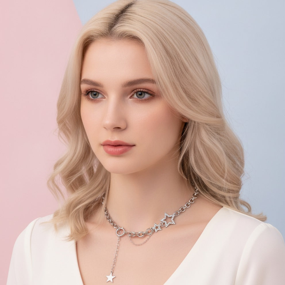 Star Layered Chain Necklace - Silver