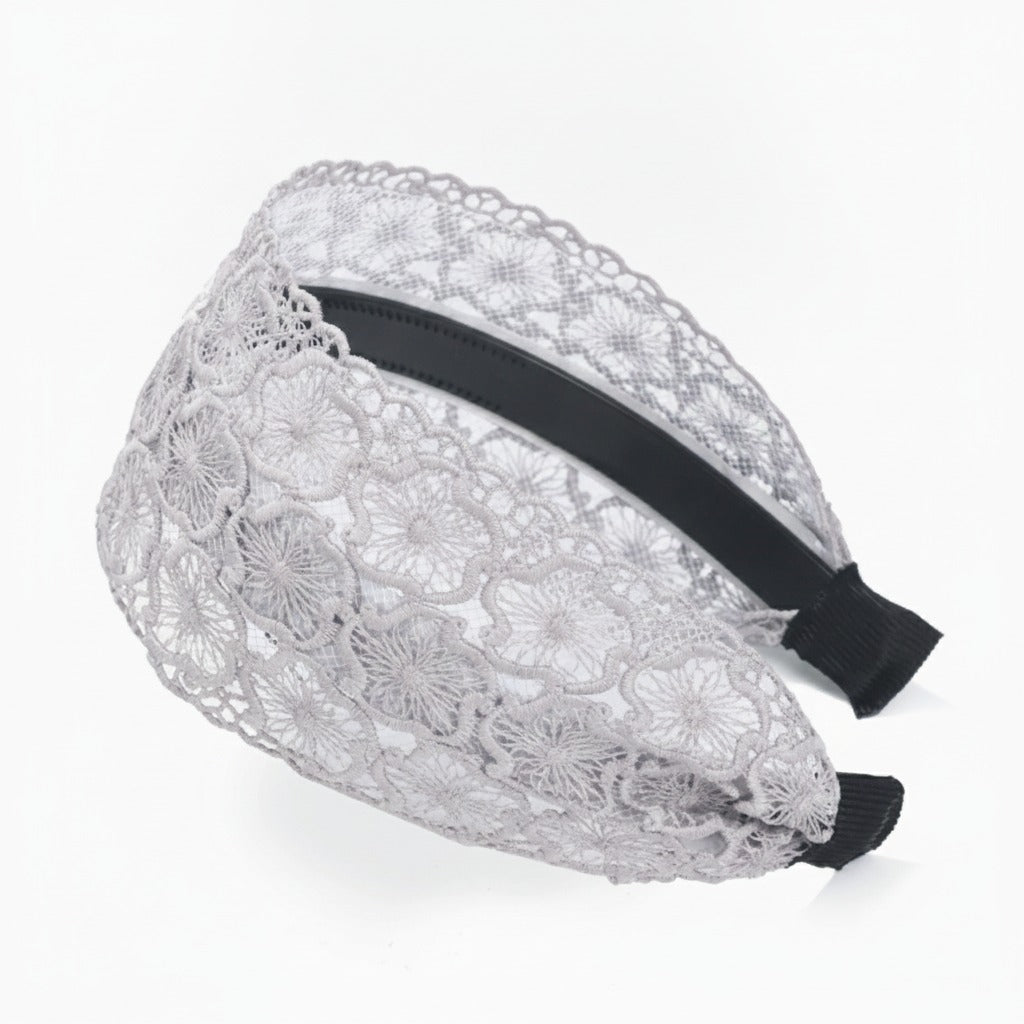 Embroidered Lace Padded Headband - Gray