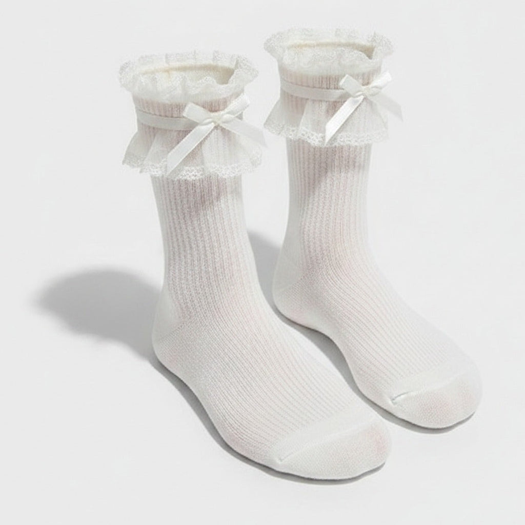 White Lace Bow Ruffle Crew Socks – apparel accessories (view 1)