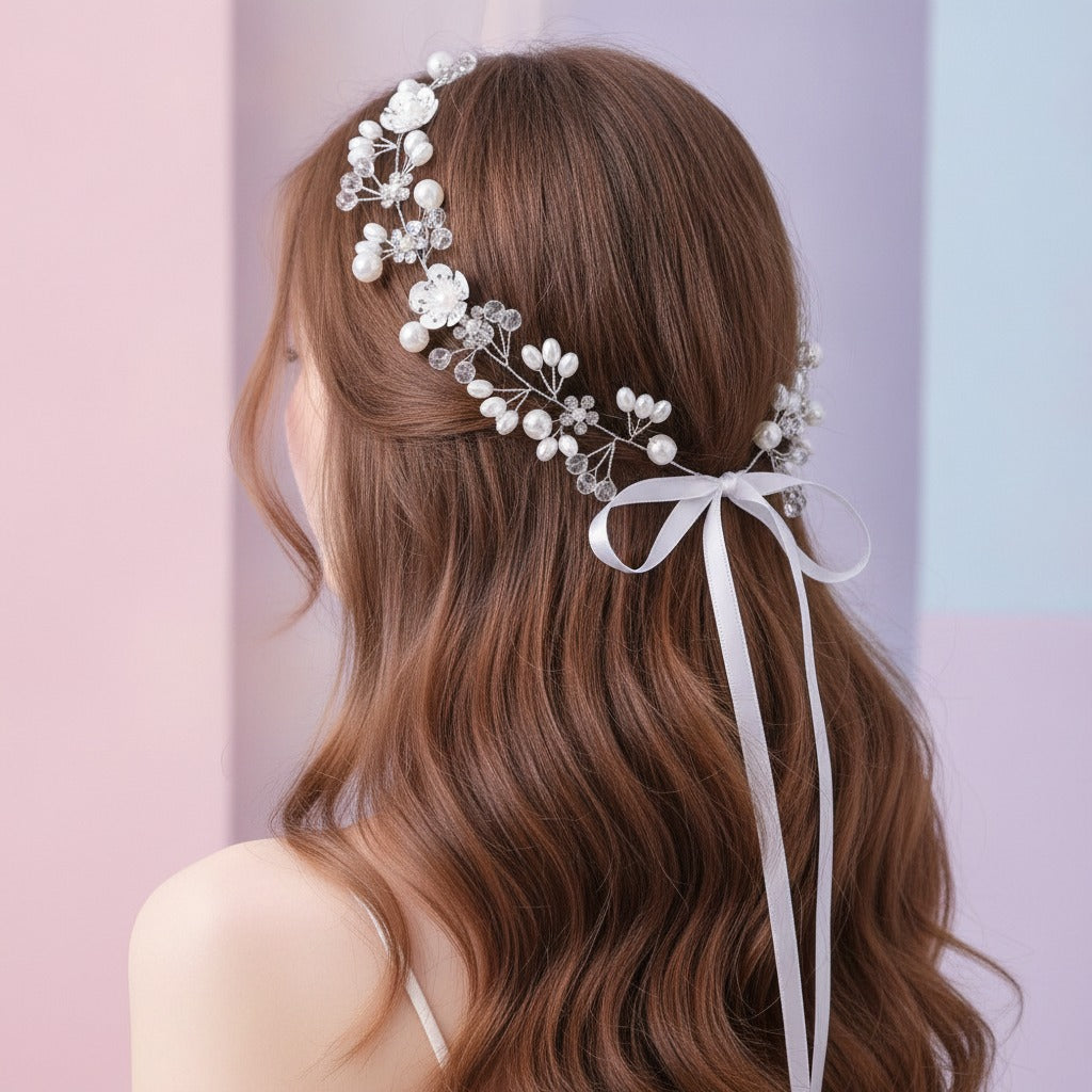 Pearl Crystal Wire Headband - Silver