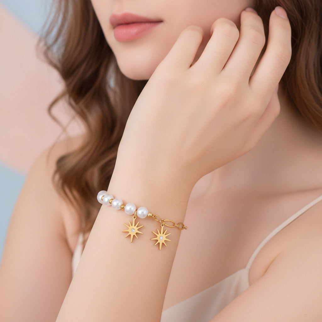 Pearl & Celestial Star Bracelet - Gold