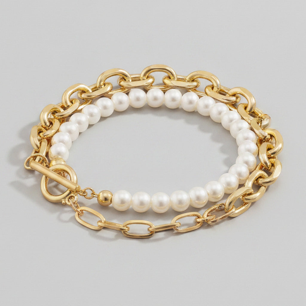 Pearl & Chain Link Bracelet - Gold – jewelry (view 1)
