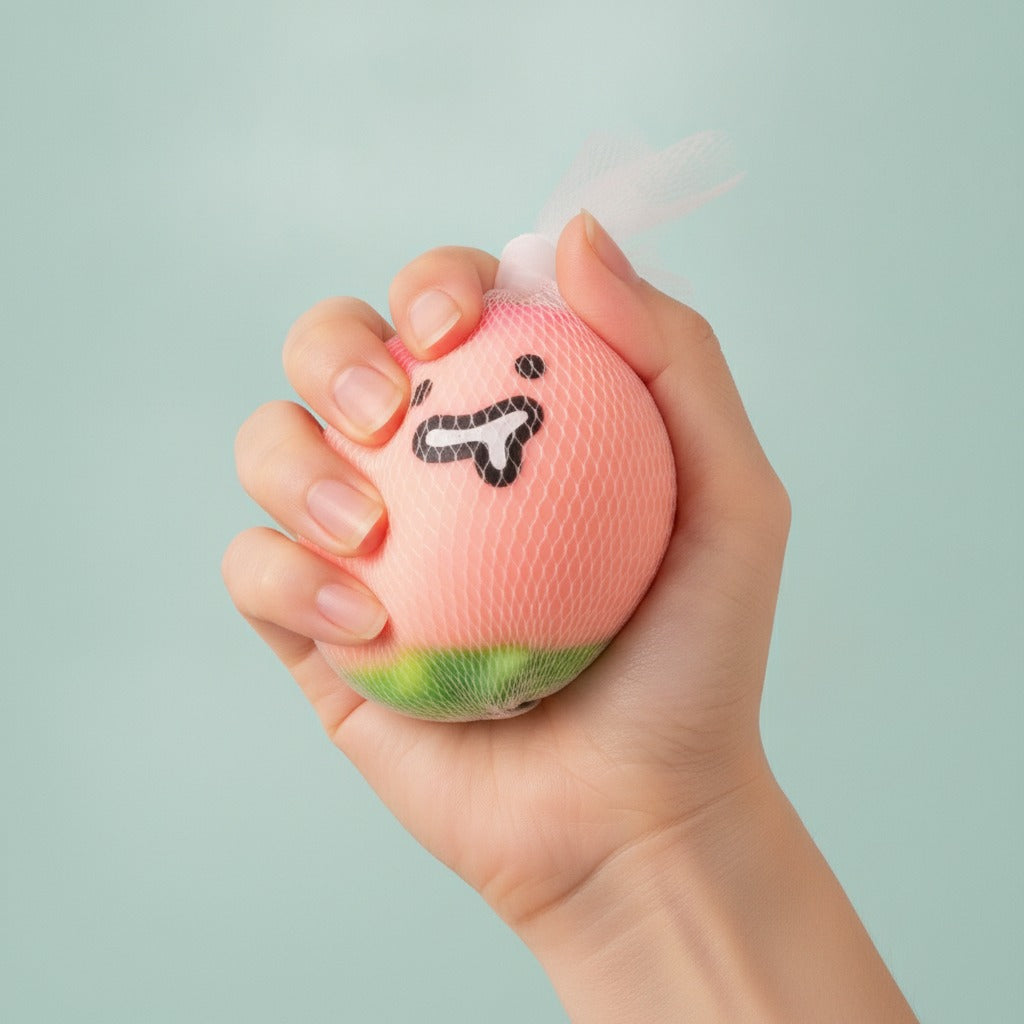Pink Lychee Squishy With Smiling Face Charm - squeeze in hand