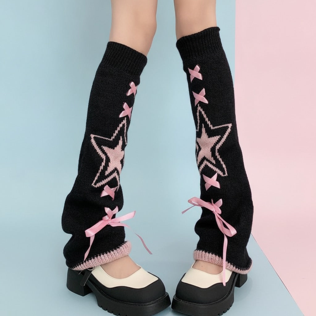 Star & X Knit Crew Socks - Black & Pink