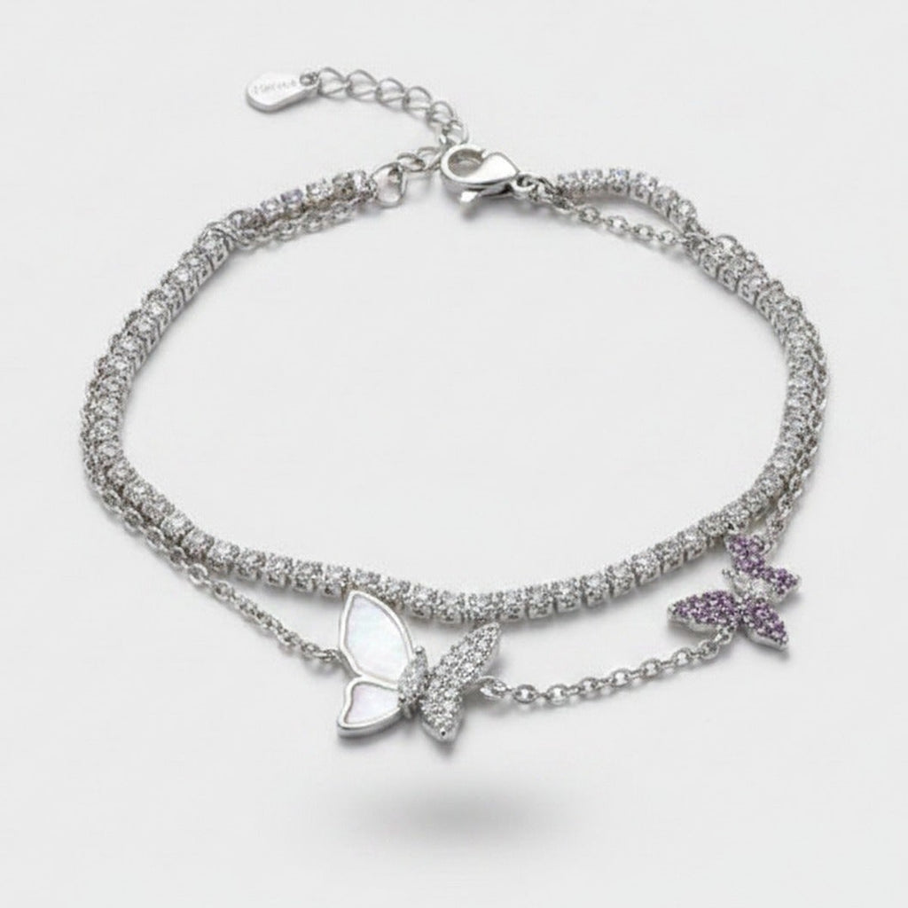 Silver Butterfly Charm Rhinestone Layered Bracelet – jewelry (view 1)