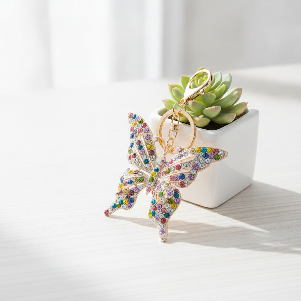 Rainbow Rhinestone Butterfly Keychain - Multicolor