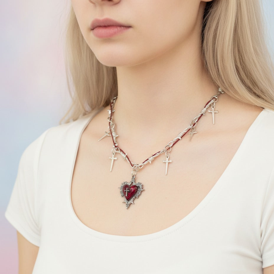 Thorned Heart Pendant Necklace - Silver & Burgundy