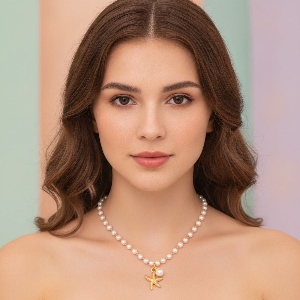 Pearl Starfish Charm Necklace - Gold Starfish