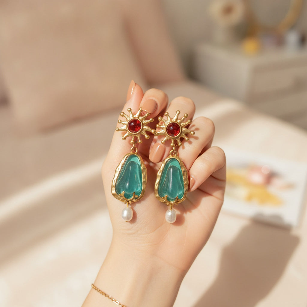 Celestial Pearl Drop Earrings Gold & Teal