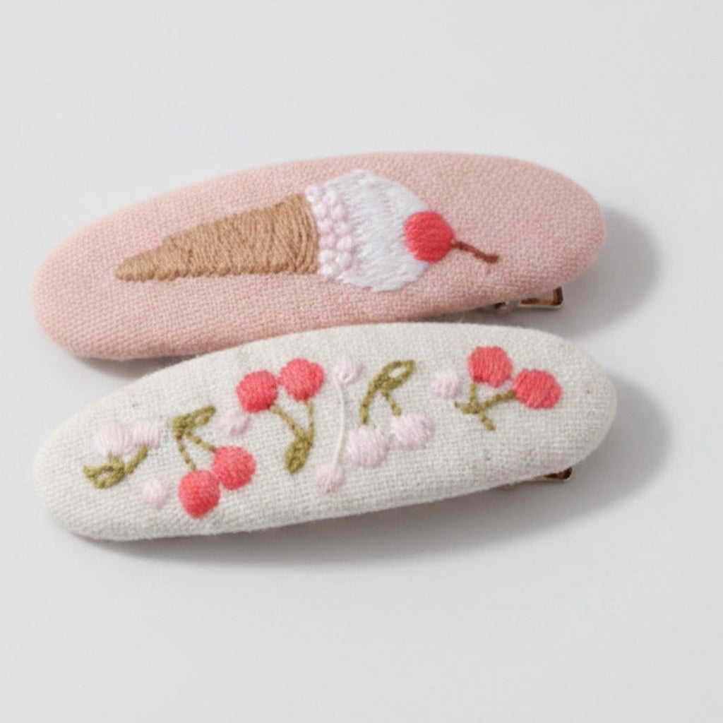 Embroidered Oval Hair Clip Duo - Pink Ice Cream – hair accessories (view 1)