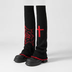 Gothic Cross Knit Arm Warmers - Black & Red