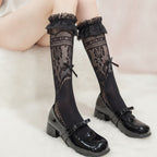 Lace Ruffle Knee High Socks - Black