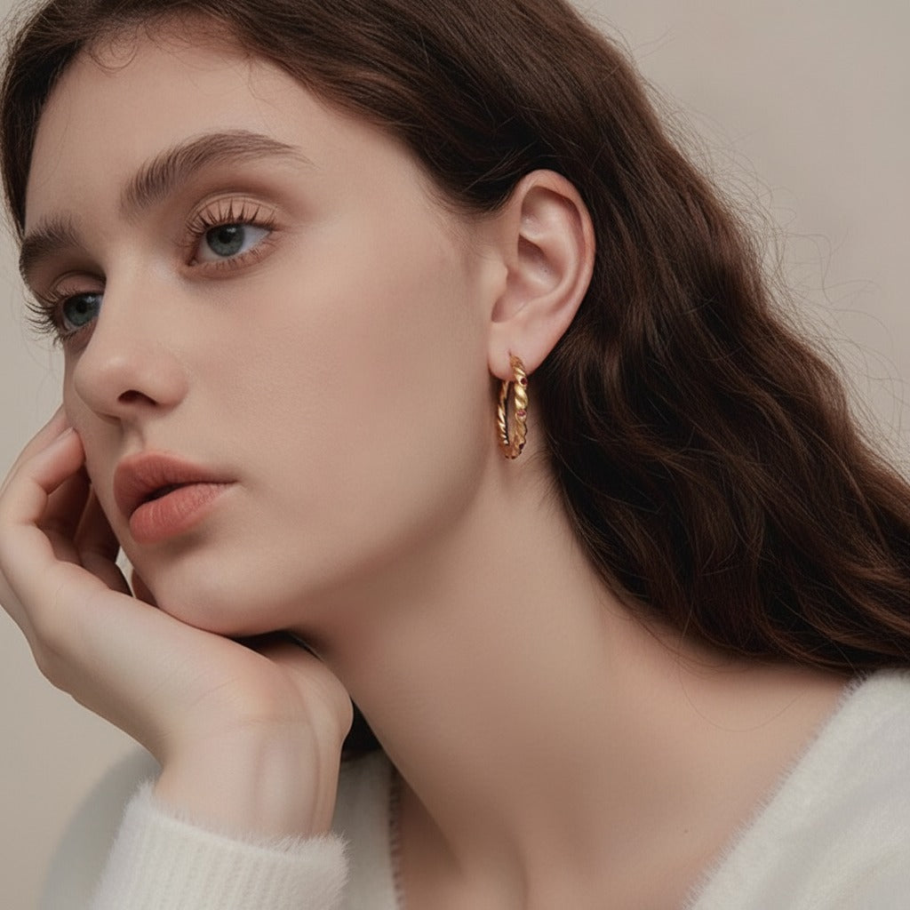 Twisted Hoop Earrings with Stone Accents - Gold
