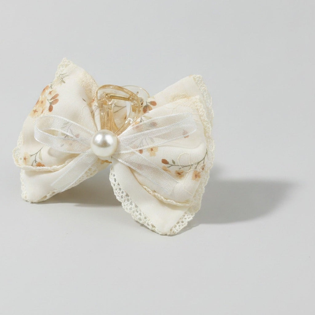 Cream Floral Lace Hair Claw With Pearl – hair accessories (view 1)