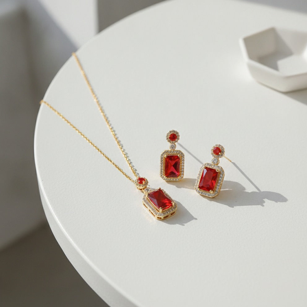Emerald Cut Crystal Jewelry Set - Red