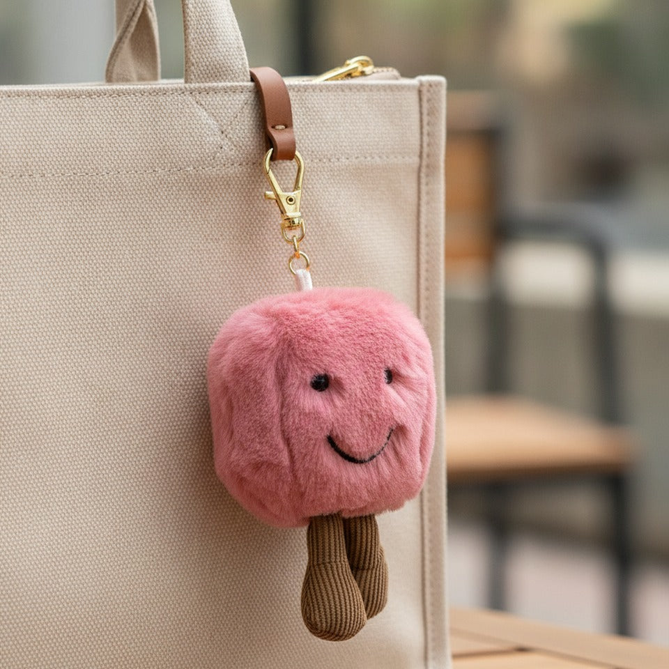Fuzzy Smiley Face Keychain - Pink