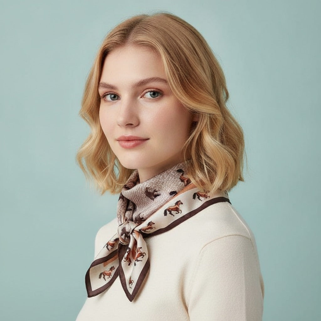 Equestrian Print Square Scarf - Cream & Brown