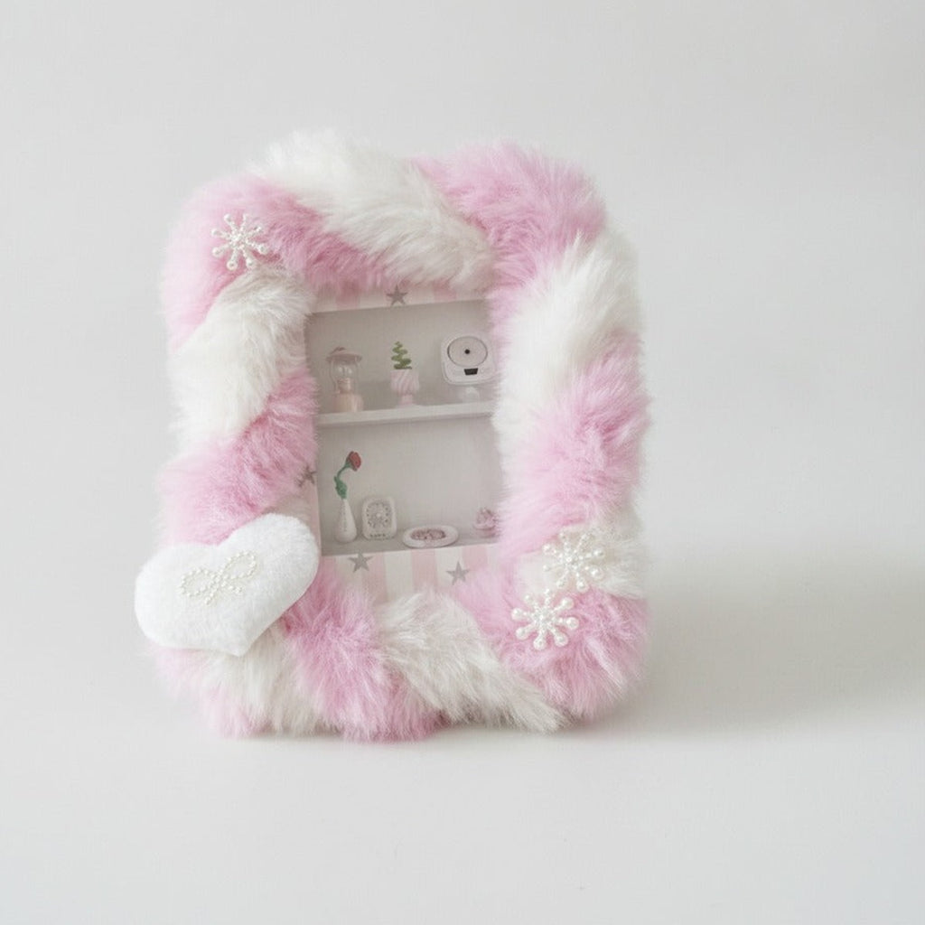 Fuzzy Pink & White Plush Photocard Holder with Pearl Snowflake Heart – bags & wallets (view 1)