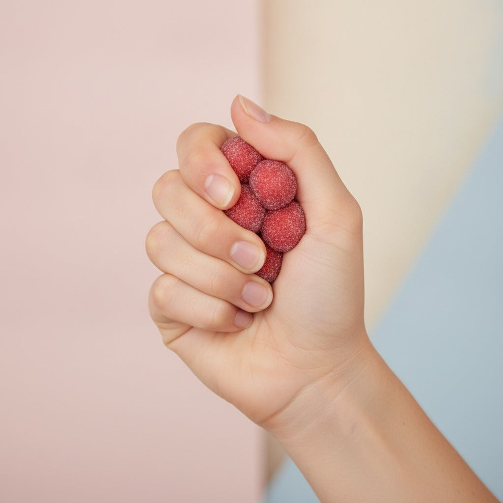 Sweet Sugar Coated Fruit Spheres - squeeze in hand
