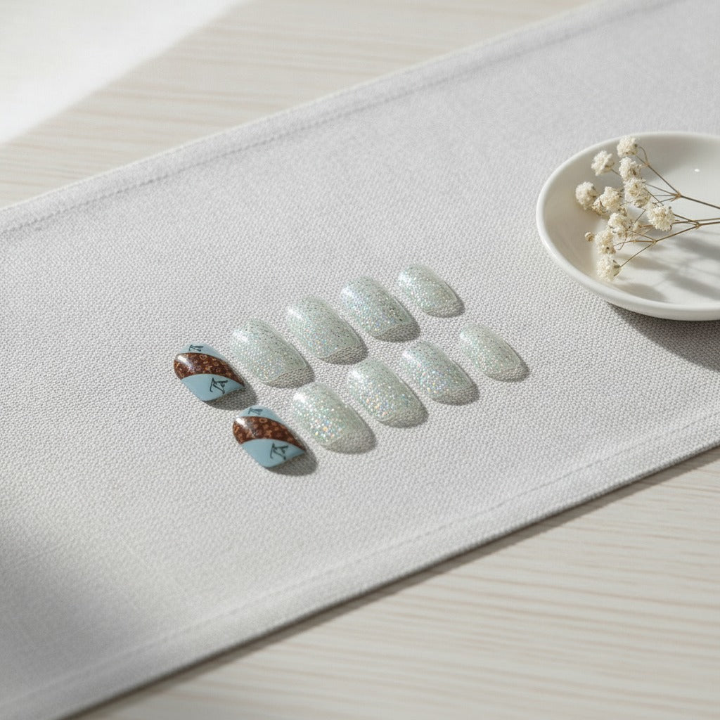 Feather & Sparkle Nail Set - Sage Feather & Gold Glitter